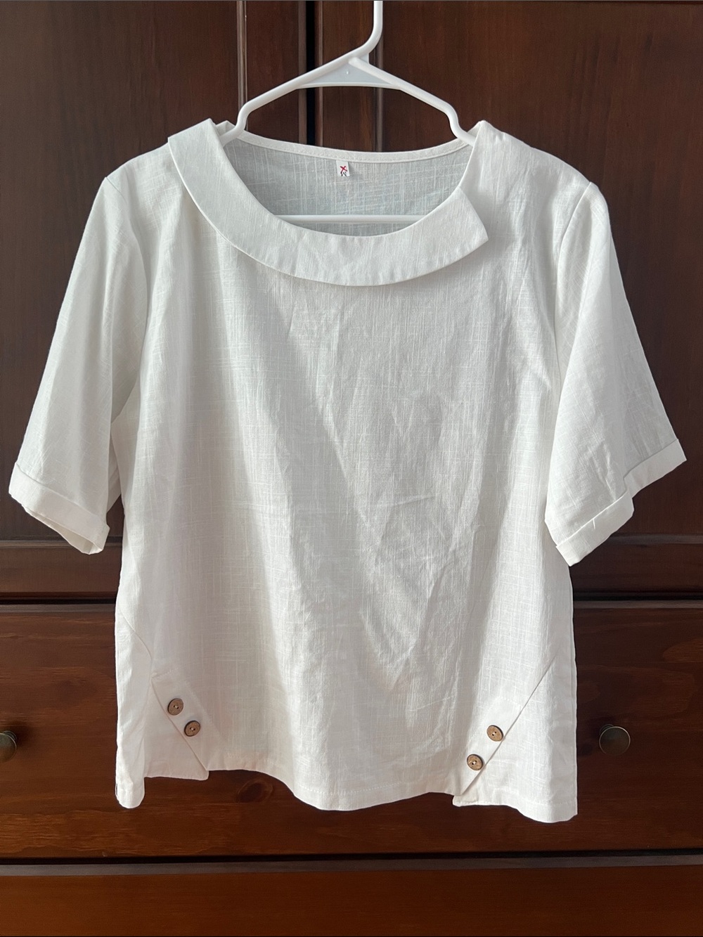 White Cotton Blend Lagenlook Coastal Blouse Short Sleeve Button Hem Slub Top XL